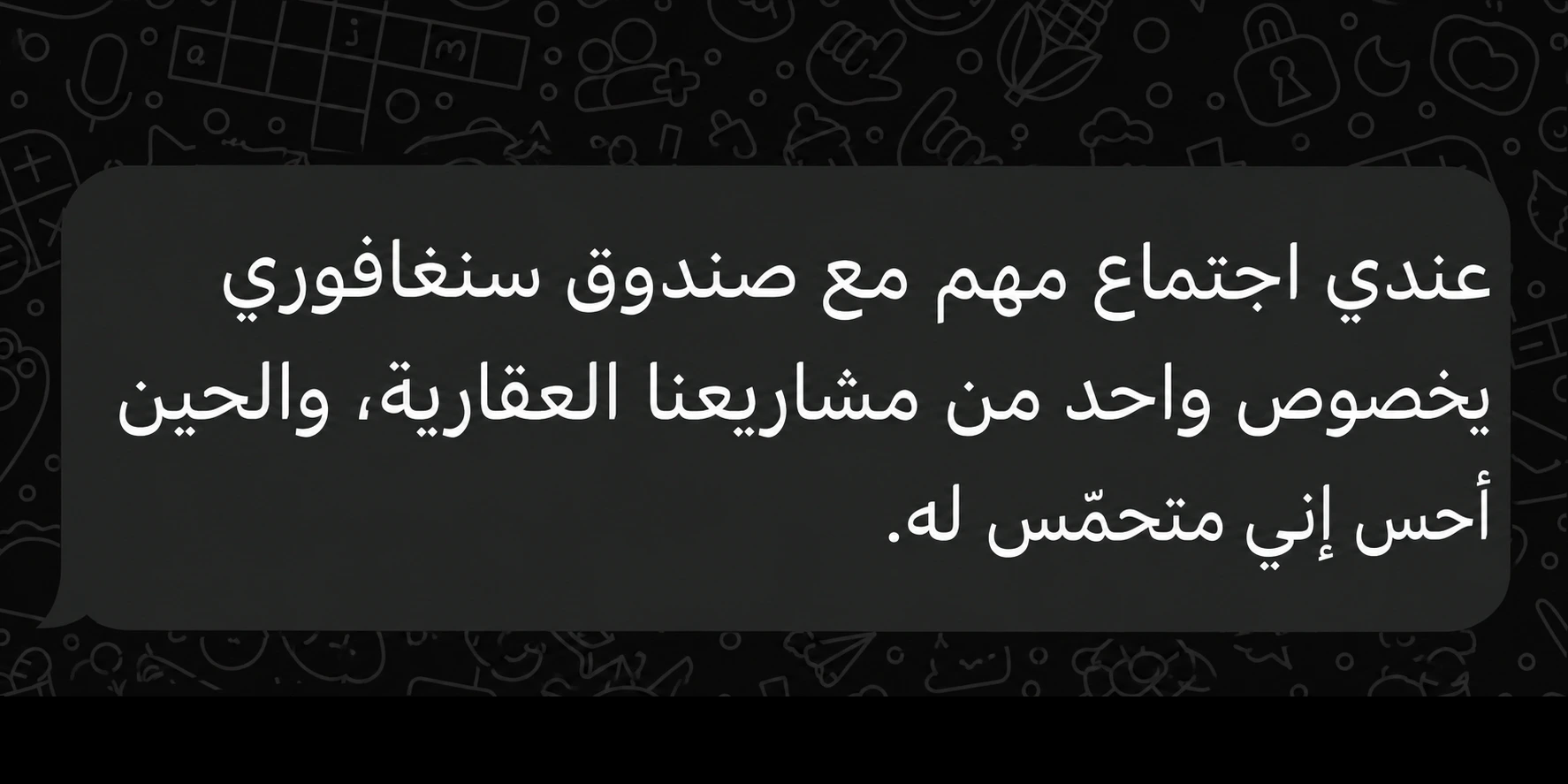 رسالة عميل: عندي اجتماع مهم مع صندوق سنغافوري بخصوص واحد من مشاريعنا العقارية