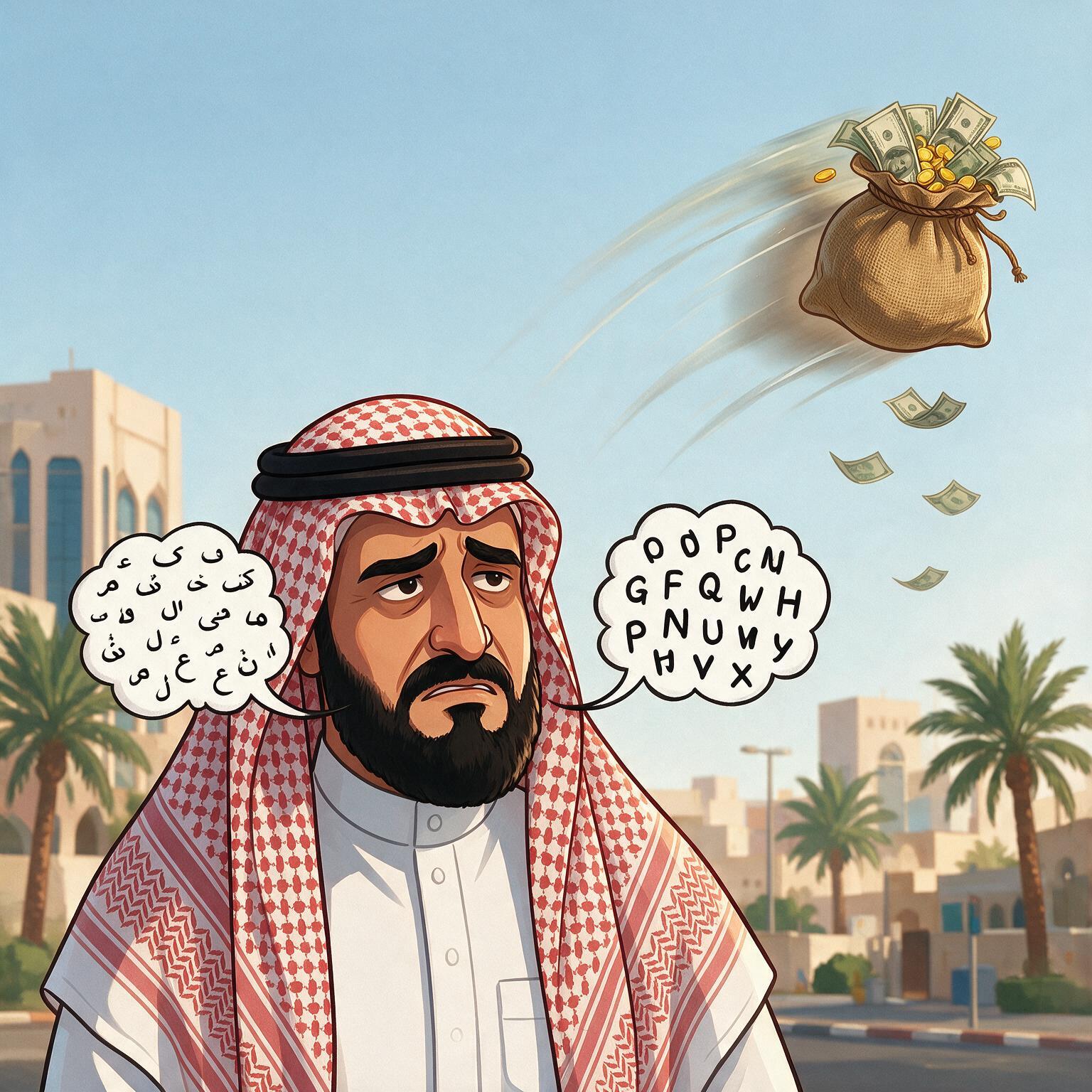 رسم توضيحي لمحترف سعودي وحقيبة نقود تطير بعيداً وكلماته الإنجليزية متفرقة