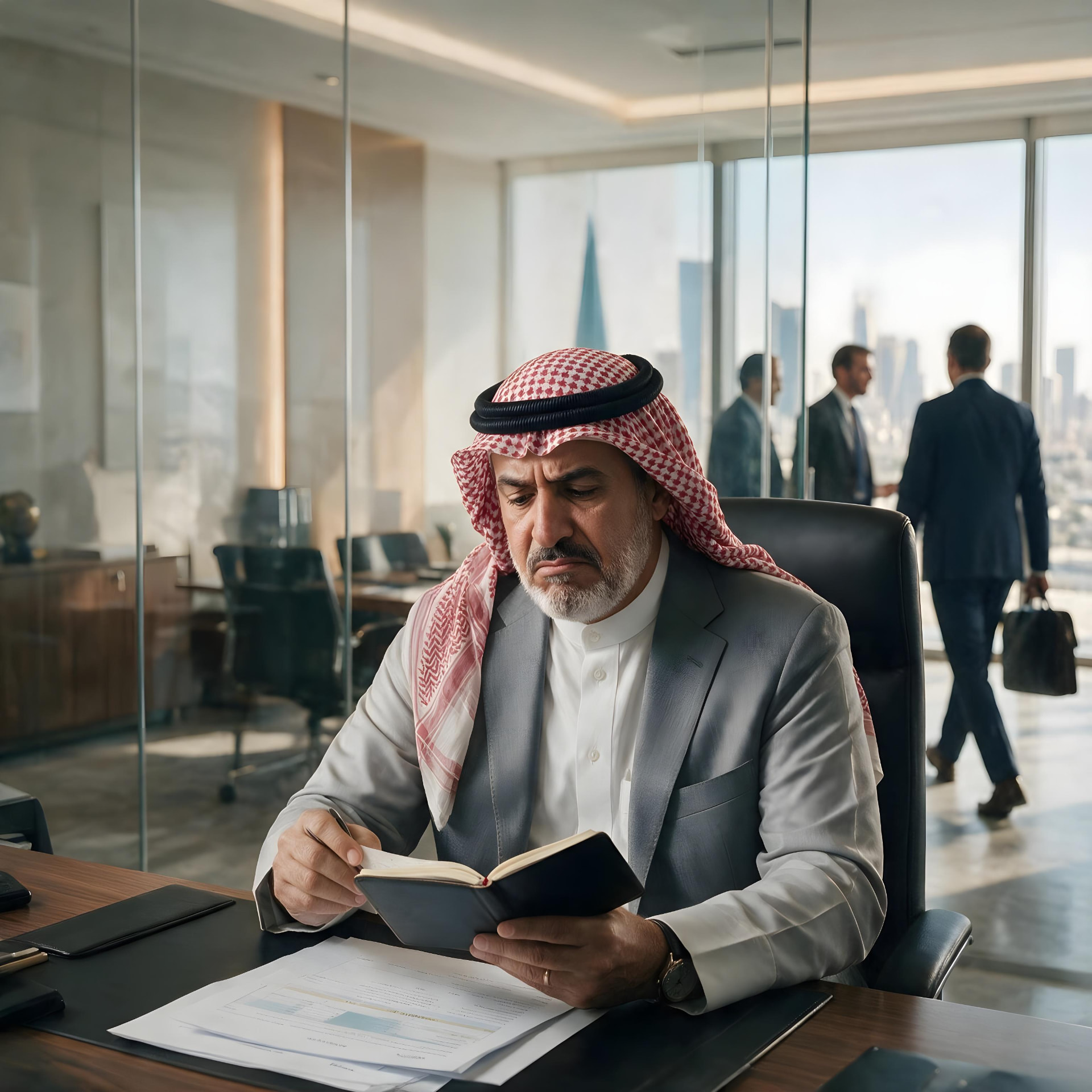 مستثمر سعودي يستعرض ملاحظاته في مكتب تنفيذي