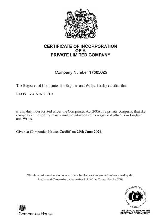 Certificate of Incorporation, BEOS TRAINING LTD